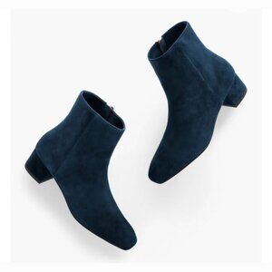 TALBOTS HARLOW INDIGO BLUE SUEDE ZIP 2 BLOCK SIDE BOW ANKLE BOOTS
